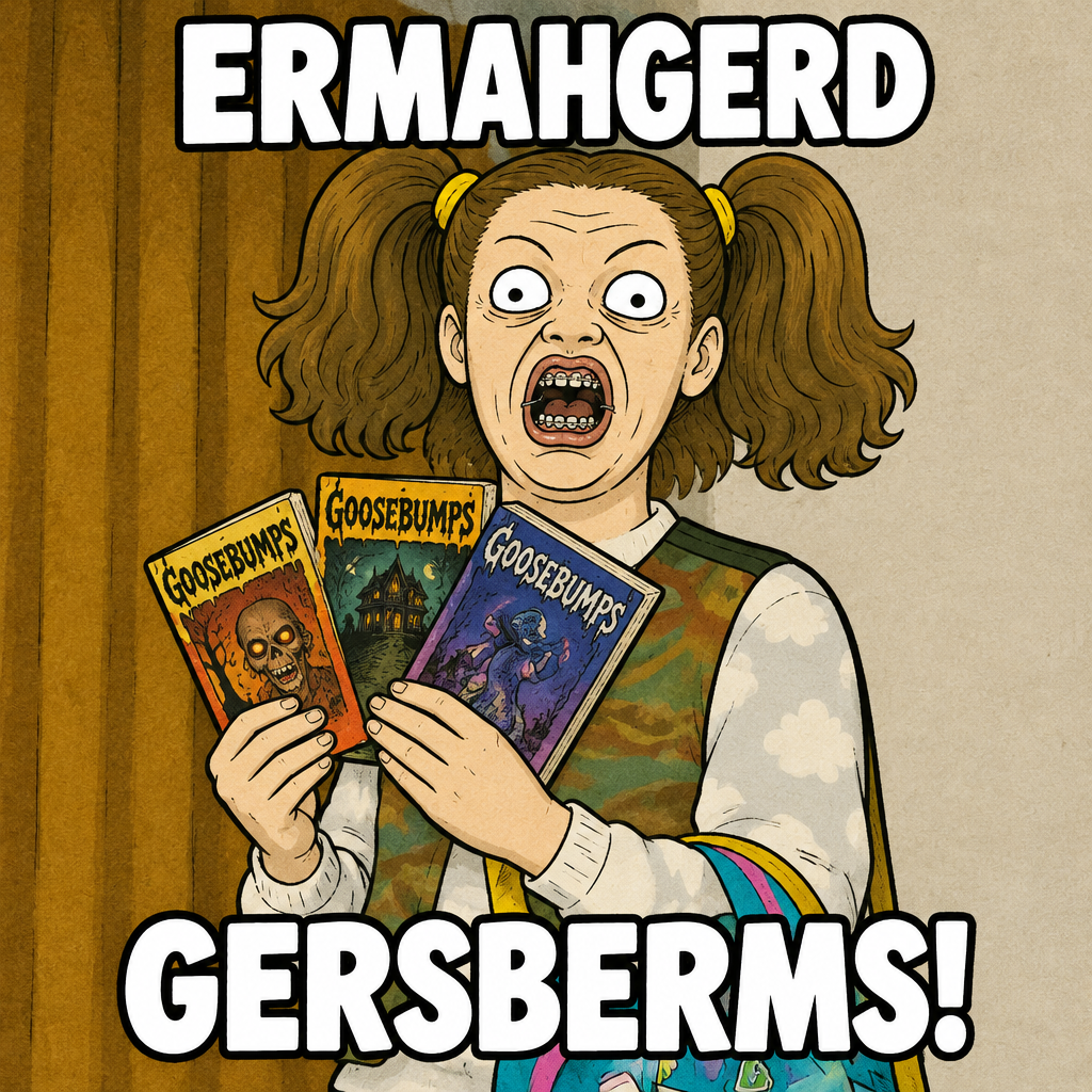 Ermahgerd with wide eyes and her braces showing, holding three Goosebumps paperbacks fanned across her chest. ERMAHGERD is printed above her and GERSBERMS! below.