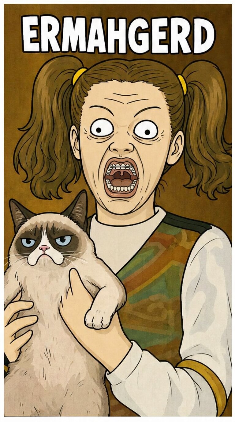 Ermah, eyes wide and mouth open in a joyful shriek showing her retainer, holding Persia the grumpy cat against her chest. The word ERMAHGERD is printed above them.